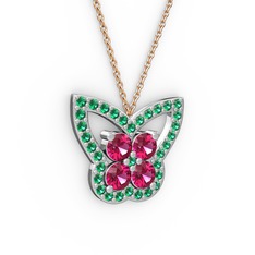 Kelebek Kolye - Yeşil kuvars ve rodolit garnet 18 ayar beyaz altın kolye (40 cm rose altın rolo zincir) #1hx5iyd