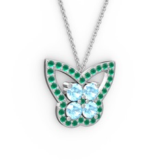 Kelebek Kolye - Kök zümrüt ve akuamarin 8 ayar beyaz altın kolye (40 cm beyaz altın rolo zincir) #1i0uc9t