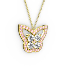 Kelebek Kolye - Pembe kuvars ve swarovski 14 ayar altın kolye (40 cm altın rolo zincir) #1i94hx3