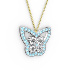 Kelebek Kolye - Akuamarin ve swarovski 18 ayar beyaz altın kolye (40 cm altın rolo zincir) #1ibsyj