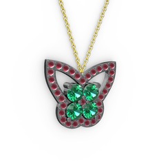 Kelebek Kolye - Kök yakut ve yeşil kuvars 925 ayar siyah rodyum kaplama gümüş kolye (40 cm altın rolo zincir) #1ixrqg9