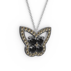 Kelebek Kolye - Dumanlı kuvars ve siyah zirkon 925 ayar siyah rodyum kaplama gümüş kolye (40 cm gümüş rolo zincir) #1j2fykn