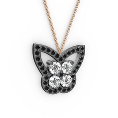 Siyah zirkon ve beyaz zirkon 925 ayar siyah rodyum kaplama gümüş kolye (40 cm rose altın rolo zincir)