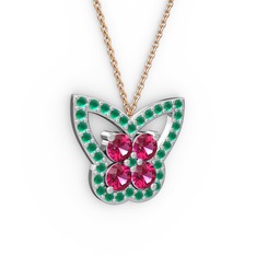 Kelebek Kolye - Kök zümrüt ve rodolit garnet 14 ayar beyaz altın kolye (40 cm rose altın rolo zincir) #1jh54ei