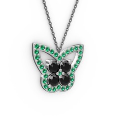 Kelebek Kolye - Yeşil kuvars ve siyah zirkon 18 ayar beyaz altın kolye (40 cm gümüş rolo zincir) #1ji34ec