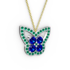 Kelebek Kolye - Kök zümrüt ve lab safir 14 ayar beyaz altın kolye (40 cm altın rolo zincir) #1jy3w66