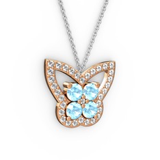 Kelebek Kolye - Swarovski ve akuamarin 925 ayar rose altın kaplama gümüş kolye (40 cm beyaz altın rolo zincir) #1jyti60