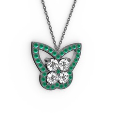Kelebek Kolye - Kök zümrüt ve beyaz zirkon 925 ayar siyah rodyum kaplama gümüş kolye (40 cm gümüş rolo zincir) #1kpnhsz
