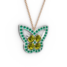 Kelebek Kolye - Kök zümrüt ve peridot 14 ayar beyaz altın kolye (40 cm rose altın rolo zincir) #1ku92en