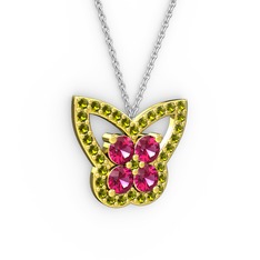 Kelebek Kolye - Peridot ve rodolit garnet 18 ayar altın kolye (40 cm gümüş rolo zincir) #1lb95n
