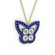 Kelebek Kolye - Lab safir ve swarovski 925 ayar siyah rodyum kaplama gümüş kolye (40 cm altın rolo zincir) #1ldg4ey
