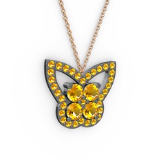 Kelebek Kolye - Sitrin 925 ayar siyah rodyum kaplama gümüş kolye (40 cm rose altın rolo zincir) #1lkvgzi