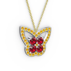 Kelebek Kolye - Sitrin ve garnet 18 ayar beyaz altın kolye (40 cm altın rolo zincir) #1lmkmvl