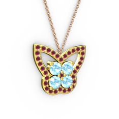 Kelebek Kolye - Kök yakut ve akuamarin 18 ayar altın kolye (40 cm rose altın rolo zincir) #1lo6ndq