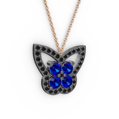 Siyah zirkon ve lab safir 925 ayar siyah rodyum kaplama gümüş kolye (40 cm rose altın rolo zincir)