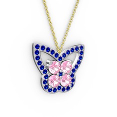 Kelebek Kolye - Lab safir ve pembe kuvars 18 ayar beyaz altın kolye (40 cm gümüş rolo zincir) #1lr45wd