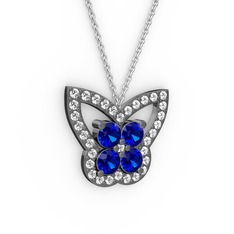 Beyaz zirkon ve lab safir 925 ayar siyah rodyum kaplama gümüş kolye (40 cm gümüş rolo zincir)