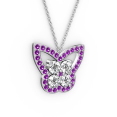 Kelebek Kolye - Ametist ve swarovski 8 ayar beyaz altın kolye (40 cm beyaz altın rolo zincir) #1mlbzzu