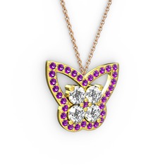 Ametist ve swarovski 8 ayar altın kolye (40 cm gümüş rolo zincir)