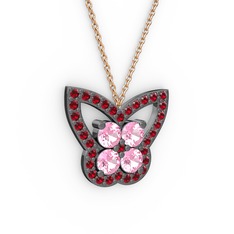 Garnet ve pembe kuvars 925 ayar siyah rodyum kaplama gümüş kolye (40 cm rose altın rolo zincir)