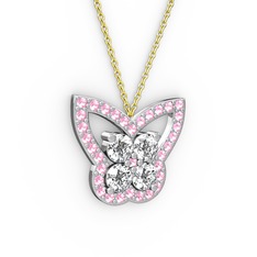 Kelebek Kolye - Pembe kuvars ve swarovski 18 ayar beyaz altın kolye (40 cm gümüş rolo zincir) #1nw11si