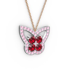 Kelebek Kolye - Pembe kuvars ve garnet 8 ayar beyaz altın kolye (40 cm rose altın rolo zincir) #1o4aa14