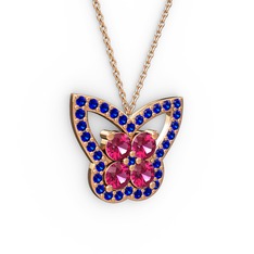 Lab safir ve rodolit garnet 18 ayar rose altın kolye (40 cm rose altın rolo zincir)