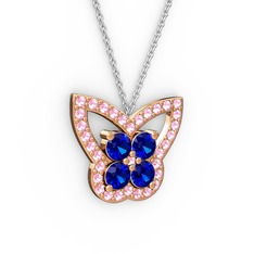 Pembe kuvars ve lab safir 925 ayar rose altın kaplama gümüş kolye (40 cm beyaz altın rolo zincir)
