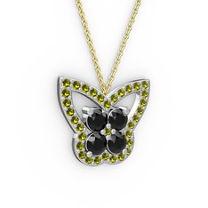 Kelebek Kolye - Peridot ve siyah zirkon 8 ayar beyaz altın kolye (40 cm altın rolo zincir) #1obfzrg