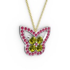 Kelebek Kolye - Rodolit garnet ve peridot 14 ayar beyaz altın kolye (40 cm altın rolo zincir) #1okg6aq