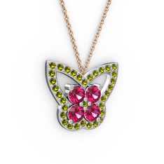 Peridot ve rodolit garnet 18 ayar beyaz altın kolye (40 cm rose altın rolo zincir)