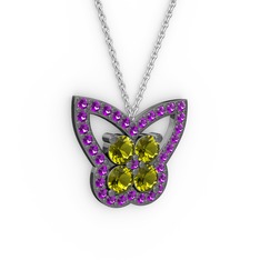 Kelebek Kolye - Ametist ve peridot 925 ayar siyah rodyum kaplama gümüş kolye (40 cm gümüş rolo zincir) #1otbhdi