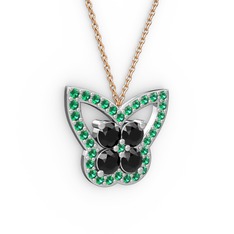 Kelebek Kolye - Yeşil kuvars ve siyah zirkon 925 ayar gümüş kolye (40 cm rose altın rolo zincir) #1ovsbhs
