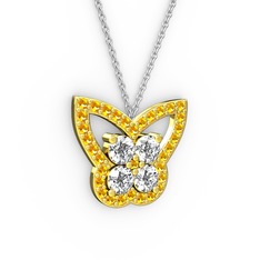 Kelebek Kolye - Sitrin ve pırlanta 18 ayar altın kolye (0.96 karat, 40 cm beyaz altın rolo zincir) #1oyu2jc