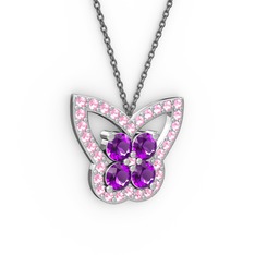 Pembe kuvars ve ametist 18 ayar beyaz altın kolye (40 cm gümüş rolo zincir)