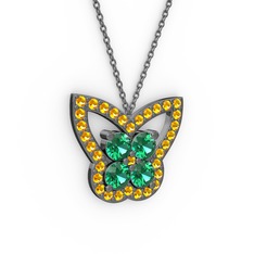 Kelebek Kolye - Sitrin ve yeşil kuvars 925 ayar siyah rodyum kaplama gümüş kolye (40 cm gümüş rolo zincir) #1p3x9tf