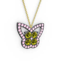 Kelebek Kolye - Pembe kuvars ve peridot 925 ayar siyah rodyum kaplama gümüş kolye (40 cm altın rolo zincir) #1pdjtyc