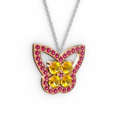 Kelebek Kolye - Rodolit garnet ve sitrin 925 ayar rose altın kaplama gümüş kolye (40 cm beyaz altın rolo zincir) #1pqiist
