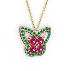 Kelebek Kolye - Kök zümrüt ve rodolit garnet 14 ayar rose altın kolye (40 cm altın rolo zincir) #1pvrqcz