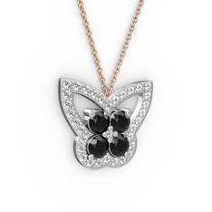 Kelebek Kolye - Pırlanta ve siyah zirkon 18 ayar beyaz altın kolye (0.48 karat, 40 cm rose altın rolo zincir) #1q63i1l
