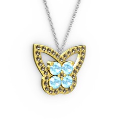 Dumanlı kuvars ve akuamarin 925 ayar altın kaplama gümüş kolye (40 cm beyaz altın rolo zincir)