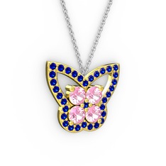 Lab safir ve pembe kuvars 18 ayar altın kolye (40 cm gümüş rolo zincir)
