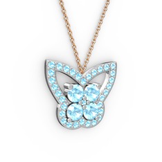 Kelebek Kolye - Akuamarin 18 ayar beyaz altın kolye (40 cm rose altın rolo zincir) #1r0a006