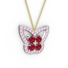 Pembe kuvars ve garnet 925 ayar gümüş kolye (40 cm altın rolo zincir)