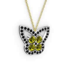 Kelebek Kolye - Siyah zirkon ve peridot 14 ayar beyaz altın kolye (40 cm gümüş rolo zincir) #1r7h9la
