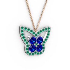 Kelebek Kolye - Kök zümrüt ve lab safir 18 ayar beyaz altın kolye (40 cm rose altın rolo zincir) #1s0ykau