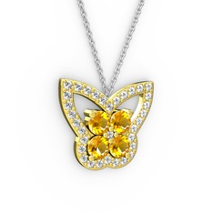 Kelebek Kolye - Pırlanta ve sitrin 18 ayar altın kolye (0.48 karat, 40 cm beyaz altın rolo zincir) #1sdqvtl