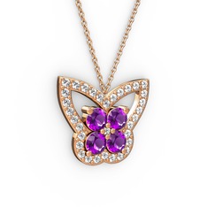 Kelebek Kolye - Swarovski ve ametist 8 ayar rose altın kolye (40 cm gümüş rolo zincir) #1sg6797