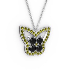 Kelebek Kolye - Peridot ve siyah zirkon 14 ayar beyaz altın kolye (40 cm beyaz altın rolo zincir) #1skatt0