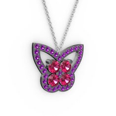 Kelebek Kolye - Ametist ve rodolit garnet 925 ayar siyah rodyum kaplama gümüş kolye (40 cm beyaz altın rolo zincir) #1sl6xvy